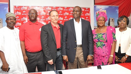 L-R, Muiz Banire, former Lagos State Commissioner for Environment, Olugbenga Rotimi, director, Legal & Company Secretary, Airtel Nigeria, Patricios Spero, producer, Airtel Touching Lives Programme, Segun Ogunsanya, managing director and chief executive officer, Airtel Nigeria, Mrs Tijani Azizat, representing Dame. Abimbola Fashola, First Lady of Lagos State; Mrs. Oluranti Odutola, representing the Deputy Governor of Lagos State and Jibril Saba, HR Director, Airtel Nigeria at the unveiling of Airtel Touchin